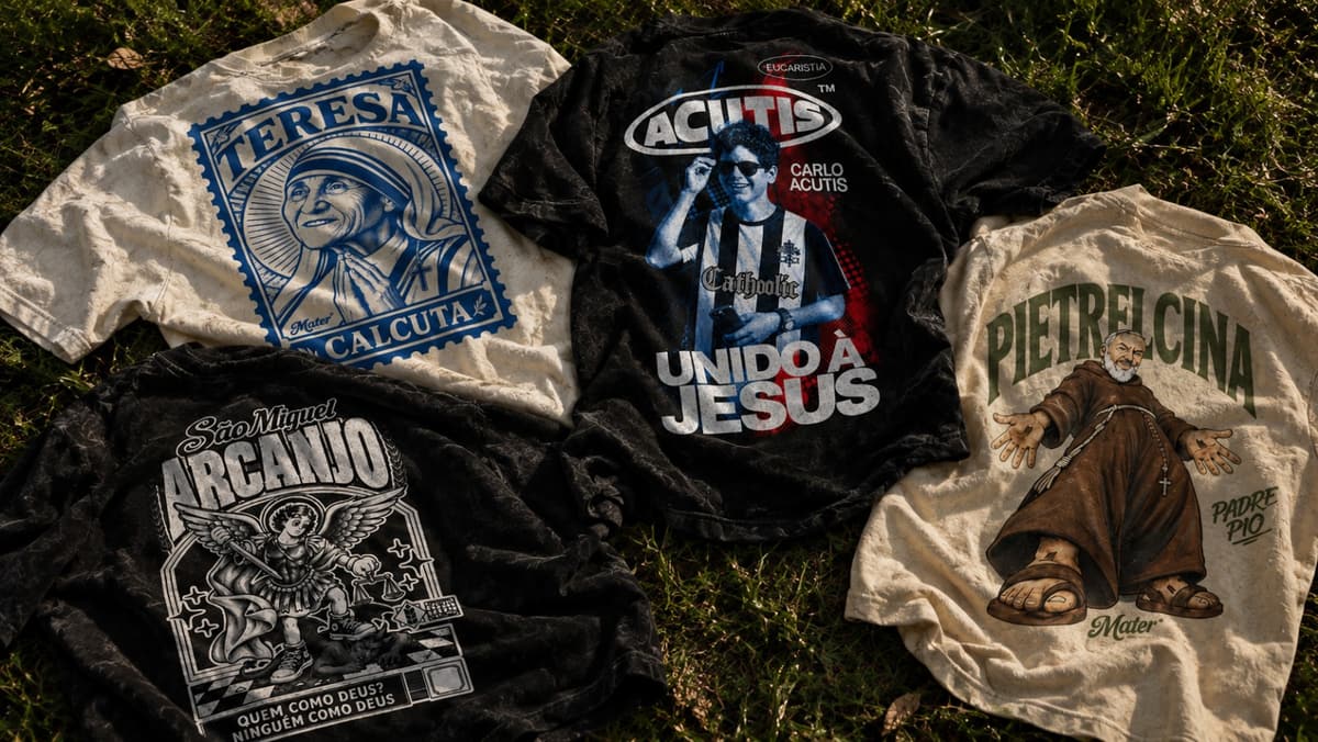 Camisetas Mater: Teresa de Calcutá, Carlo Acutis, São Miguel Arcanjo e Pietrelcina