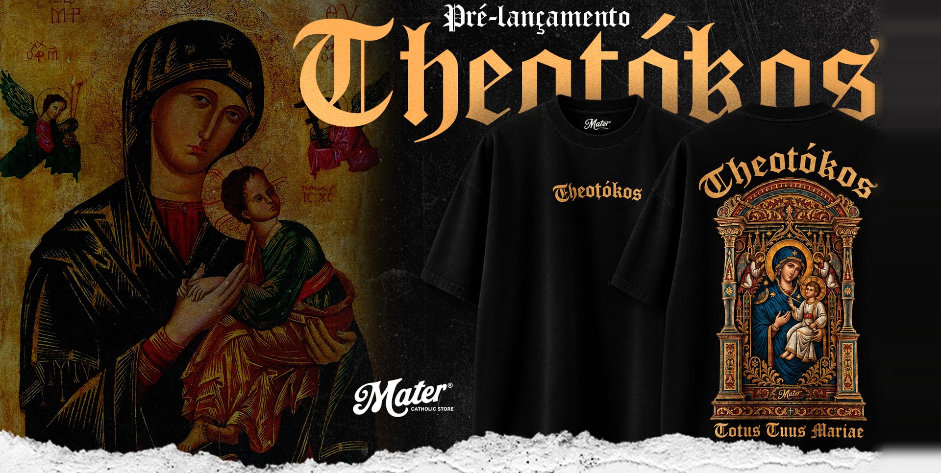 Pré-lançamento Theotókos — Two models wearing Mater oversized t-shirts